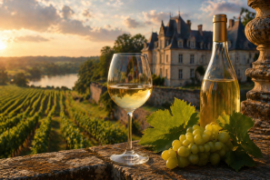 Taça e garrafa de vinho branco sobre terraço de pedra com uvas verdes, tendo ao fundo vinhedos de Bordeaux e um elegante château ao pôr do sol, representando a tradição e os mitos dos vinhos brancos da região.