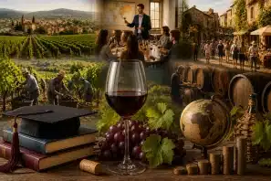 Colagem fotográfica com taça de vinho tinto, livros, capelo de formatura, vinhedos, colheita de uvas, aula de degustação, barricas, turismo enológico e símbolos da economia, representando a importância cultural, educacional e econômica do vinho em países produtores.