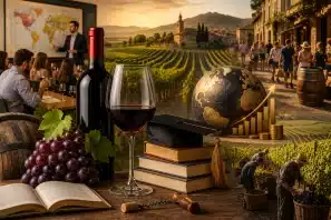 Garrafa e taça de vinho tinto ao lado de livros, uvas e símbolos da educação, com vinhedos, aula sobre vinhos, turismo rural, colheita e elementos que representam o impacto cultural, econômico e educacional do vinho em países produtores.