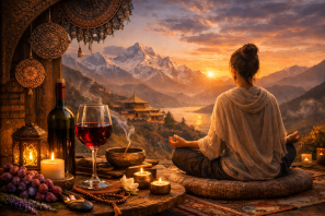 uma mulher meditando diante de montanhas nevadas ao pôr do sol, acompanhada de uma taça de vinho, velas e elementos simbólicos de cura e presença. O resultado transmite uma sensação de paz, profundidade e conexão interior