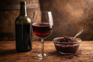 Mesa rústica, com garrafa de vinho tinto, taça e recipiente com borra dos vinhos.