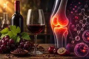 Vinho tinto, uvas e representação anatômica de uma articulação do joelho com inflamação, acompanhados de estruturas moleculares que ilustram estudos internacionais sobre polifenóis e saúde articular.