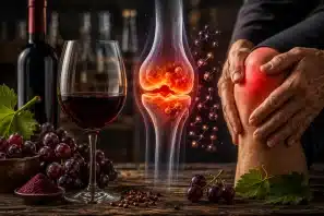 Taça de vinho tinto ao lado de cachos de uvas e ilustração científica de uma articulação do joelho inflamada, acompanhada por estruturas moleculares e uma pessoa segurando o joelho, representando pesquisas sobre polifenóis do vinho e inflamação articular.