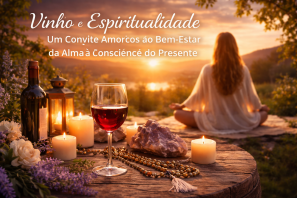 Taça de vinho tinto sobre mesa rústica com velas acesas e elementos naturais ao pôr do sol, enquanto uma mulher medita ao fundo, representando espiritualidade, bem-estar da alma e conexão com o momento presente