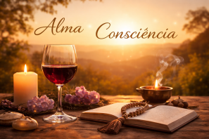 Taça de vinho tinto sobre mesa com velas, cristais e livro aberto ao pôr do sol em cenário natural, representando espiritualidade, bem-estar da alma e conexão com o momento presente. Um Convite à Consciência do Presente e ao Bem-Estar da Alma