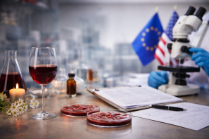 Mesa com microscópio para avaliaçao das substancias fenolicas do vinho, uma taça e recipientes de análise química, uma vela e flores ... livro de anotaçoes.