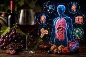 aça e garrafa de vinho tinto ao lado de uvas frescas, com representação artística do corpo humano destacando coração, cérebro, pulmões, fígado, intestino e sistema vascular, ilustrando pesquisas sobre os efeitos sistêmicos dos compostos bioativos do vinho.