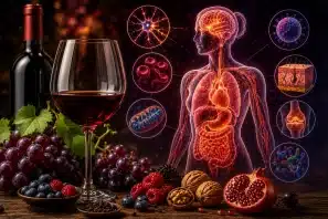 Taça e garrafa de vinho tinto ao lado de uvas, frutas ricas em antioxidantes e representação científica do corpo humano com cérebro, coração, pulmões, intestino, mitocôndrias e outros sistemas, ilustrando pesquisas sobre os efeitos sistêmicos dos compostos bioativos do vinho.