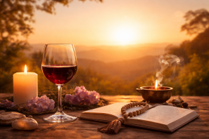 Taça de vinho tinto sobre mesa com velas, cristais e livro aberto ao pôr do sol em cenário natural, representando espiritualidade, bem-estar da alma e conexão com o momento presente