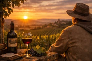 Taça de vinho e livro aberto sobre pedra, ao lado de uvas e garrafa antiga, com pessoa observando o pôr do sol sobre vinhedos