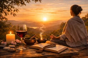 Mulher meditando ao pôr do sol diante de taça de vinho, vela e incenso, em cenário natural de colinas e luz dourada.