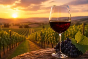 Taça de vinho tinto sobre uma mesa de madeira com uvas ao lado, em primeiro plano, tendo ao fundo um vinhedo iluminado pelo pôr do sol, criando uma atmosfera acolhedora e sofisticada