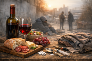 Cena simbólica mostrando uma mesa de madeira com vinho, pão, queijo, salame e uvas em primeiro plano, contrastando com objetos de vulnerabilidade social como uma seringa, pílulas e um par de luvas gastas. Ao fundo, pessoas em situação de rua aparecem desfocadas sob a luz quente do entardecer, sugerindo uma reflexão sobre consumo, nutrição e dignidade humana. Vinho, 