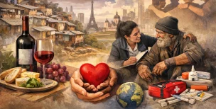 “Vinho, vulnerabilidade social e redução de danos com foco em nutrição e dignidade humana” - uma jovem, com um senhor em situação de rua, com alimentos vinho, proteinas, frutas e primeiros socorros. 