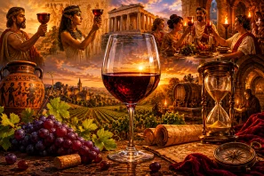 Taça de vinho sobre mesa com uvas, ânfora grega, ampulheta e mapas, ao fundo vinhedo iluminado pelo pôr do sol e cenas históricas de Egito, Grécia, Roma e Idade Média, simbolizando a tradição e a história do vinho através das civilizações