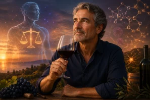 Homem maduro segurando uma taça de vinho tinto ao pôr do sol, em cenário sofisticado com uvas e garrafa de vinho sobre mesa rústica, enquanto elementos científicos, estruturas moleculares e silhueta humana luminosa ao fundo simbolizam equilíbrio hormonal, envelhecimento saudável e bem-estar masculino. Vinho na Andropausa: Ciência, Hormônios e o Equilíbrio Masculino ao Longo do Tempo
