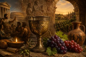 Cena artística e histórica com cálice de vinho tinto iluminado sobre mesa antiga, rodeado por pergaminhos, ampulheta, barris e vinhedos ao fundo, simbolizando a relação entre o vinho, o tempo e o surgimento das civilizações ao longo da história.