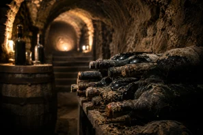 Adega subterrânea antiga com paredes de pedra iluminadas por luz suave e velas ao fundo. Garrafas de vinho envelhecidas e cobertas de poeira repousam em prateleiras rústicas, criando uma atmosfera misteriosa e histórica que remete ao envelhecimento tradicional dos vinhos em caves centenárias. O Vinho Que Sobreviveu às Guerras: Garrafas Encontradas em Adegas Subterrâneas da Europa