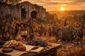 Vinhedo abandonado com barril envelhecido e ruínas de adega sob luz dourada do entardecer, simbolizando castas de vinho quase extintas e o esquecimento histórico