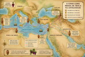 Mapa histórico ilustrado mostrando o vinho como moeda de troca na Antiguidade, destacando rotas comerciais entre o Mediterrâneo, Oriente Próximo, Egito, Grécia, Fenícia, Mesopotâmia e Cáucaso. O mapa apresenta ânforas, navios antigos e linhas marítimas e terrestres que simbolizam o comércio do vinho utilizado para pagamento de tributos, recompensas militares, negociações diplomáticas e alianças comerciais no mundo antigo.