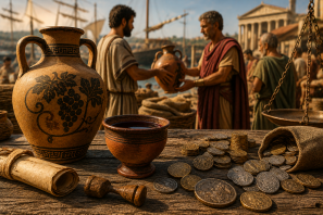 Cena inspirada na Antiguidade mostrando ânforas de vinho, moedas antigas e pergaminhos sobre uma mesa de madeira em um porto mediterrâneo. Ao fundo, comerciantes vestidos com túnicas trocam recipientes de vinho diante de navios e construções clássicas, simbolizando o vinho como moeda de troca e ativo econômico nas civilizações antigas.