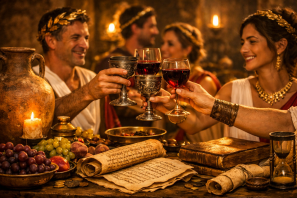 Banquete greco-romano com pessoas brindando com taças de vinho entre frutas e ânforas, simbolizando o vinho como expressão de arte, convivência e civilização.