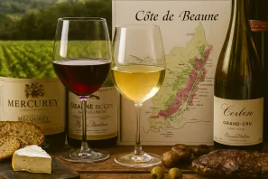 Taças de vinho tinto e branco sobre mesa rústica, acompanhadas de garrafas, queijos, pão, carnes e azeitonas, com mapa da região vinícola ao fundo, em cenário que remete à degustação e tradição dos vinhos europeus