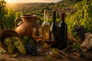 Cena rústica ao pôr do sol em um vinhedo artesanal, mostrando garrafas de vinho, taças com vinho tinto e branco, cachos de uvas escuras e verdes, folhas de videira e utensílios tradicionais sobre uma mesa de madeira envelhecida. Ao fundo, colinas cobertas por vinhas e uma pequena vila rural iluminada pela luz dourada do entardecer evocam o renascimento dos vinhos artesanais entre tradição e modernidade. Entre Tradição e Modernidade: O Renascimento dos Vinhos Artesanais