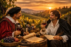 Dois poetas vestidos com trajes renascentistas brindam com taças de vinho em mesa de madeira cercada por pergaminhos, penas e cachos de uvas, em meio a vinhedos iluminados pelo pôr do sol.