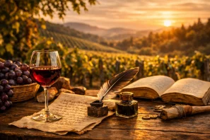 Mesa rústica em meio a vinhedos ao pôr do sol, com taça e garrafa de vinho tinto, cachos de uvas, livros antigos, pergaminhos escritos à mão e pena de tinta. A paisagem dourada ao fundo cria uma atmosfera poética e contemplativa, simbolizando a ligação entre literatura, vinho e inspiração artística. Entre Versos e Vinhedos: Poetas que Cantaram o Vinho