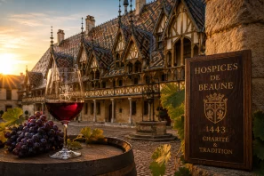 Vista encantadora dos Hospices de Beaune, na Borgonha francesa, ao entardecer, com vinhedos dourados iluminados pelo sol, construções históricas de pedra ao fundo e atmosfera elegante que remete à tradição, solidariedade e excelência dos vinhos borgonheses. Hospices de Beaune: O Coração Solidário e Histórico dos Vinhos da Borgonha