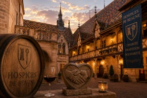 Pátio histórico do Hospices de Beaune ao entardecer, com arquitetura medieval da Borgonha, barril de vinho, taça de vinho tinto e símbolo de solidariedade em pedra, representando tradição, caridade e a herança vinícola francesa.