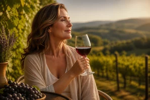 Mulher madura apreciando uma taça de vinho tinto em um vinhedo ao pôr do sol, cercada por paisagem verde e uvas, transmitindo serenidade, elegância e conexão com a natureza