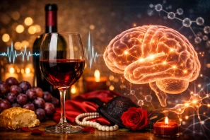 Taça de vinho tinto ao lado de uma ilustração de cérebro iluminado com conexões neurais e ondas cerebrais, representando a neurociência do prazer sensorial e a experiência da degustação