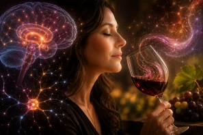 Pessoa apreciando uma taça de vinho em ambiente sofisticado e acolhedor, com elementos visuais do cérebro, conexões neurais e luzes suaves ao fundo, simbolizando a relação entre neurociência, percepção sensorial e a experiência emocional da degustação de vinho. Neurociência do Prazer Sensorial e Vinho: Como o Cérebro Transforma Degustação em Experiência
