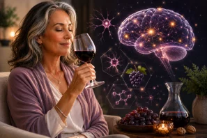 Mulher madura apreciando uma taça de vinho tinto em ambiente aconchegante, ao lado de representação luminosa do cérebro humano e conexões neurais, simbolizando estudos sobre neuroproteção, memória, envelhecimento cerebral saudável e os compostos bioativos presentes no vinho