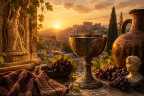 Natureza-morta elegante com cálice de vinho tinto sobre mesa de madeira antiga, cercado por pergaminhos envelhecidos, uvas maduras, velas acesas e objetos históricos. Ao fundo, tons dourados e ambiente clássico evocam a relação entre o vinho, o tempo e o desenvolvimento das grandes civilizações ao longo da história.