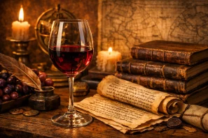 Taça de vinho tinto sobre mesa de madeira ao lado de manuscritos antigos, pergaminho e objetos históricos iluminados por vela, simbolizando o vinho como memória e civilização. O Cálice e o Tempo: Como o Vinho se Tornou Símbolo de Civilização