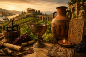 Composição histórica e sofisticada inspirada nas civilizações antigas, mostrando um cálice dourado cheio de vinho tinto cercado por ânforas gregas decoradas, pergaminhos, mosaicos e cachos de uvas sobre uma mesa antiga. Ao fundo, vinhedos iluminados pelo pôr do sol, ruínas clássicas, um templo greco-romano e um rio evocam a profunda relação entre o vinho, o tempo e o surgimento das grandes civilizações. O Cálice e o Tempo: Como o Vinho se Tornou Símbolo de Civilização