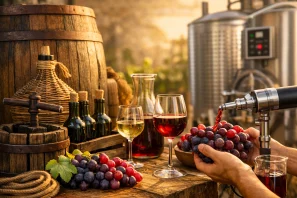 Cena de vinificação com cachos de uvas recebendo vinho derramado, taças de vinho tinto e branco sobre mesa rústica, ao lado de garrafas, jarro e barril, com tanques de fermentação ao fundo.