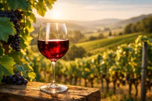 Ela mostra uma taça de vinho rubi em primeiro plano, apoiada sobre madeira rústica, refletindo a luz dourada do entardecer. Ao fundo, um vinhedo verdejante iluminado pelo sol, com cachos de uvas maduras e colinas suaves que se perdem no horizonte. A atmosfera é contemplativa e luminosa, evocando o diálogo entre natureza, tempo e mistério. O Vinho e o Mistério da Criação: Quando a Natureza Fala em Tons de Rubi