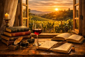 Mesa de madeira diante de janela aberta para vinhedo ao pôr do sol, com livros antigos, pena, tinteiro, vela acesa e taça de vinho tinto, evocando inspiração poética e contemplação.