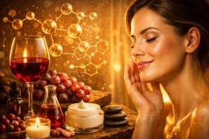 Rosto de mulher com pele luminosa ao lado de taça de vinho tinto, uvas e frascos de cosméticos, com estruturas moleculares brilhantes ao fundo, representando os polifenóis do vinho e seus benefícios para a saúde da pele. Polifenóis do Vinho e Saúde da Pele: Conexões Entre Antioxidantes e Envelhecimento Cutâneo