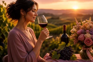 Mulher elegante segurando uma taça de vinho tinto em um vinhedo ao pôr do sol, com luz dourada envolvendo a cena, transmitindo sensação de paz, força feminina e conexão com a natureza