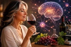 Mulher madura apreciando uma taça de vinho tinto em ambiente sofisticado, cercada por elementos científicos como cérebro iluminado, conexões neurais, uvas e microscópio, simbolizando estudos sobre neuroproteção, memória e envelhecimento cerebral saudável relacionados ao vinho. 