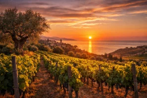 Vinhedo iluminado pelo pôr do sol à beira do mar, com fileiras de videiras douradas, oliveira em primeiro plano e pequena vila costeira ao fundo, criando uma paisagem serena e mediterrânea de grande beleza natural