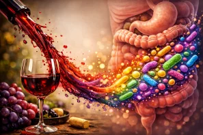 Ela mostra o fluxo do vinho se transformando em uma explosão de cores que representam a microbiota intestinal — uma metáfora visual vibrante para os polifenóis e seus efeitos benéficos
