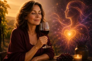 Mulher relaxando em ambiente acolhedor ao entardecer, segurando uma taça de vinho tinto, cercada por velas, flores e luz suave, transmitindo sensação de paz, equilíbrio emocional, bem-estar e conexão interior.