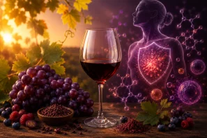 Taça de vinho tinto cercada por uvas escuras, frutas vermelhas e folhas naturais sobre uma mesa rústica, iluminada por luz suave dourada. Ao fundo, elementos orgânicos e tons quentes remetem aos antioxidantes naturais do vinho e à relação entre saúde, equilíbrio celular e estresse oxidativo