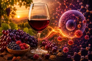 Taça de vinho tinto sobre mesa rústica cercada por uvas roxas, frutas vermelhas, nozes e pedaços de chocolate amargo ao pôr do sol. Ao lado da taça, elementos luminosos inspirados em moléculas e estruturas celulares representam os antioxidantes naturais do vinho e sua relação com proteção celular e estresse oxidativo